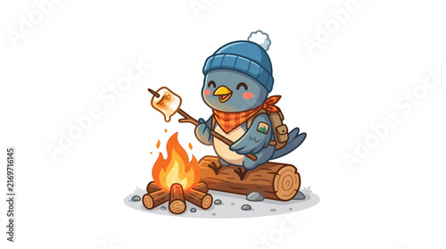 Cute Cartoon Bird Roasting Marshmallow by Campfire, Camping Adventure