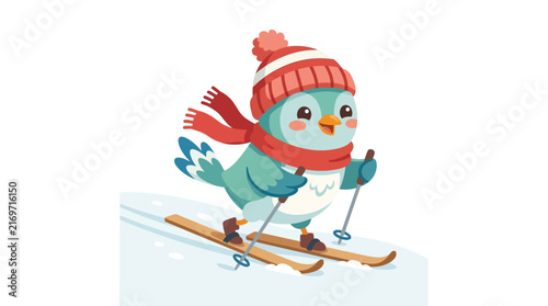 Cute cartoon bird skiing in winter snow, wearing hat and scarf