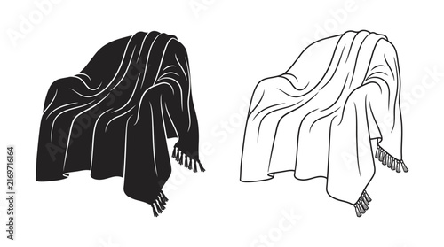 Foto Draped fabric with tassels black and white line art illustration
