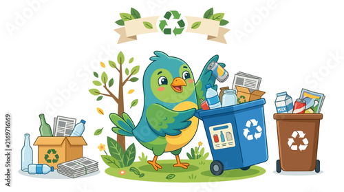 Cute cartoon bird sorting recycling bins and trash cans with nature background