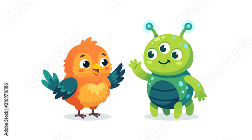 Cute cartoon bird and alien waving hello, friendly encounter illustration