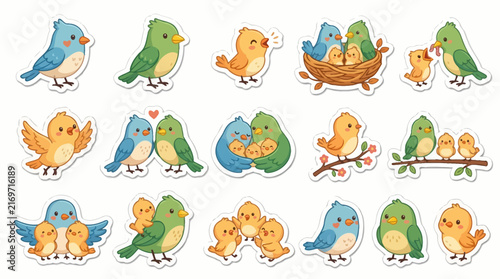 Cute cartoon baby birds, families, nests, branches, spring, summer, various colors