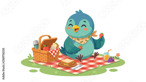 Cute cartoon bird enjoying a picnic with strawberries and sandwich