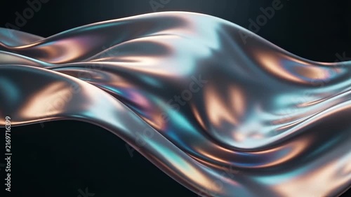 Abstract - 3D animation of flowing glossy metallic silk fabric waving smoothly with iridescent copper and teal reflections against a dark background