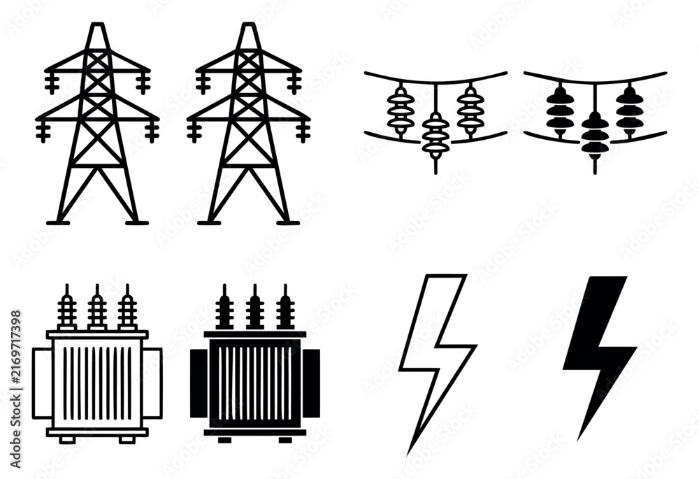 Fototapeta premium Outline and silhouette icon set of 8 electrical power grid symbols featuring transmission towers, insulators, transformers and lightning bolts for energy industry design