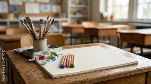 Art studio classroom with painting supplies laid out on a wooden desk
