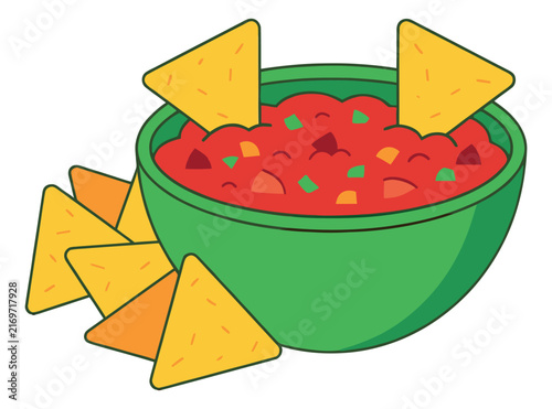 Cartoon illustration of salsa dip bowl with tortilla chips depicting Mexican snack food for restaurant and menu design