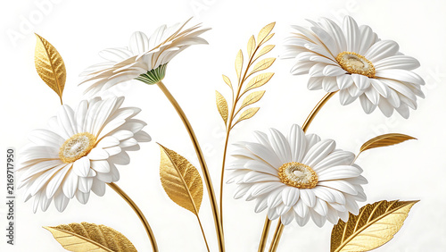 White daisy flowers with golden leaves on isolated background