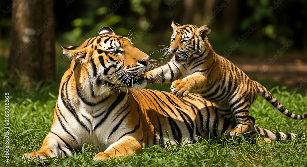 Obraz premium Three tigers resting together in grassy field