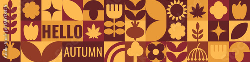 Hello Autumn Horizontal Geometric Grid Banner Design with Leaves and Vegetables