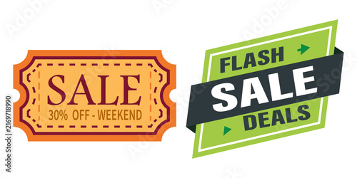 Two colorful sale tags with text on a white background