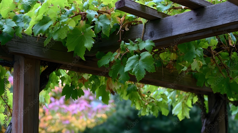 Obraz premium Vibrant green grapevines gracefully climb and drape over a rustic wooden arbor with soft blurred background foliage
