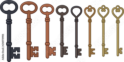 Foto Vintage antique skeleton keys vector collection set with metal brass copper and