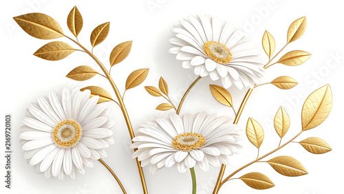 White daisy flowers and sparkling gold leaves composition