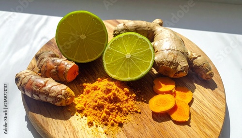 Fresh Turmeric Root and Lime on Wooden Board.