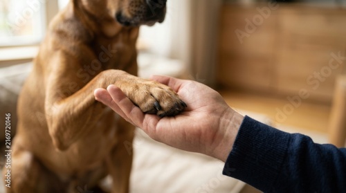 Close-up of a dog's paw resting in a human hand, showing trust and companionship