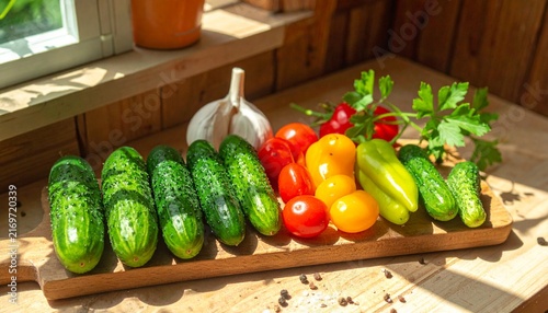 Fresh Harvest Vegetables Arranged on Wooden Table.