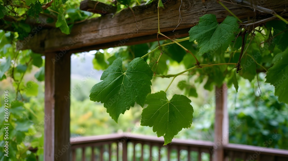 Obraz premium Grapevine leaves hang gracefully from a rustic wooden arbor framing a soft focus garden view with natural greenery