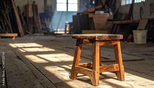 Rustic wooden stool in sunlit workshop interior.