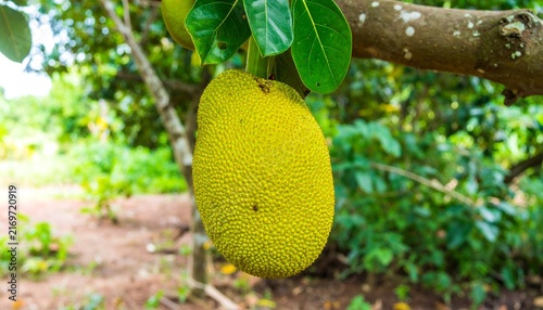 Ripe Jackfruit Hanging from Tree in Tropical Orchard.