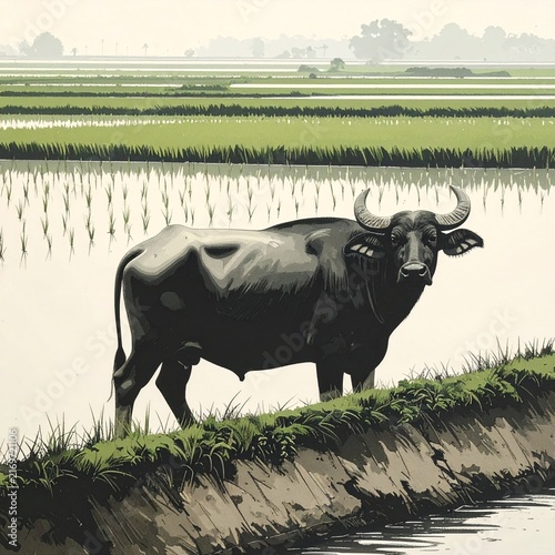 Black water buffalo standing in lush rice paddy field.