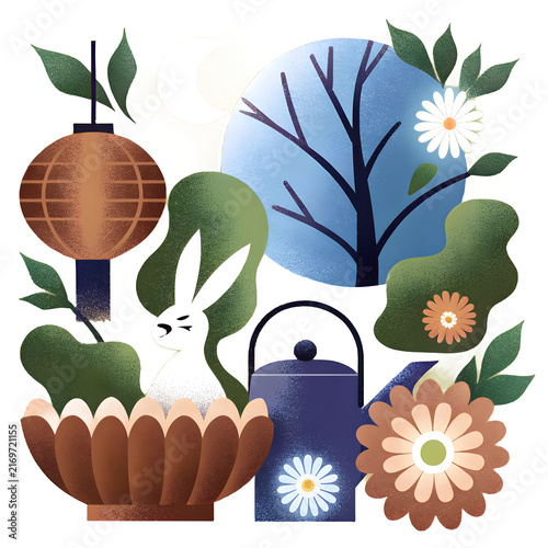 Set of mid-autumn festival elements in digital Japanese-style wall art