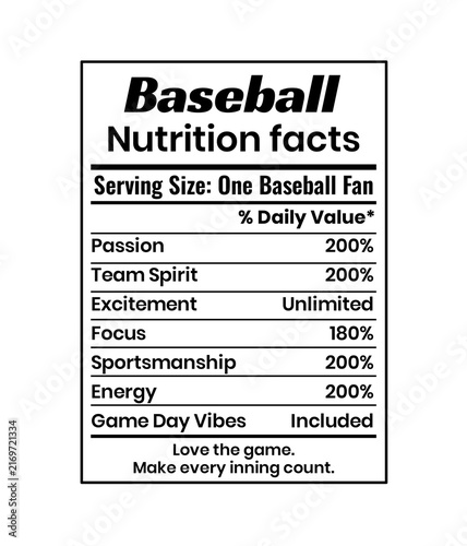 Baseball Athlete Nutrition Label, Sports Diet Information and Fitness Artwork