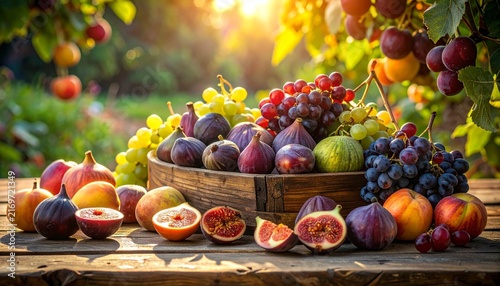 Fresh assorted fruits in a rustic wooden basket outdoors.