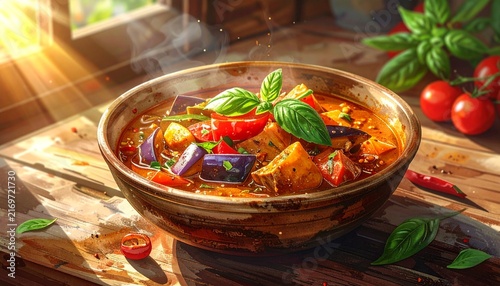 Steaming Vegetable Curry in Rustic Bowl with Fresh Herbs.