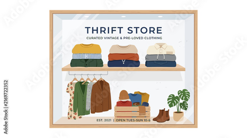 Vector illustration of a thrift store window display showcasing curated vintage and pre-loved clothing