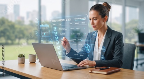 Professional woman analyzing invoice data on holographic UI