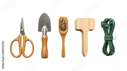 Professional gardening tools set on white background, wooden handle trowel and shears, organic planting equipment for horticulture