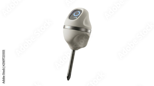 Modern ergonomic screwdriver with digital display, futuristic handheld power tool, sleek white electronic hardware on white background