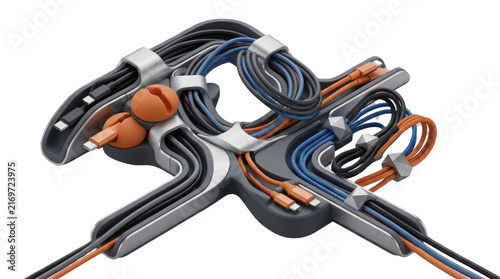 Modern cable management system with organized USB cords, sleek desktop wire organizer, tidy electronic charging cables in grey and orange
