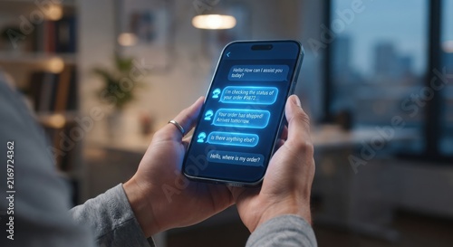 Hands holding smartphone displaying customer service chat