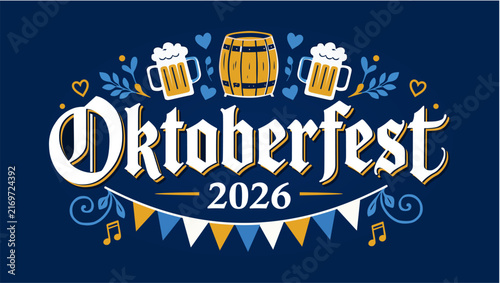 Oktoberfest 2026 horizontal banner template with Gothic typography, wooden beer barrel, foaming beer mugs, festival pennant bunting garland, and dark blue background.