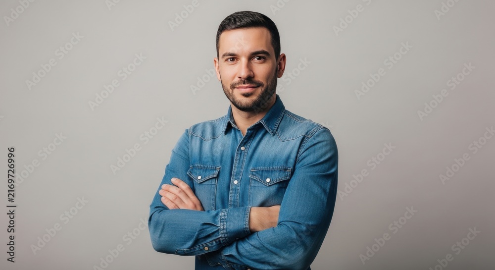 Obraz premium Confident young man in denim shirt with crossed arms