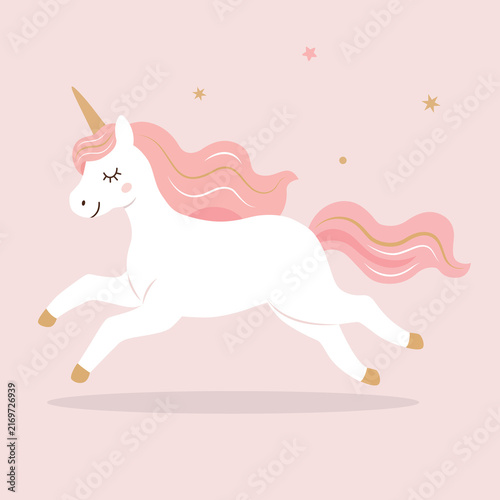 Running unicorn illustration with a pink mane and tail, golden horn, and pastel colors. Magical fantasy character resting peacefully, ideal for nursery decor, children’s designs, stickers, and print