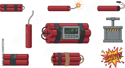 Foto Dynamite Red Bomb Vector Set with Digital Timer, Burning Fuse, Detonator Plunger