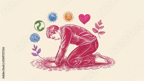Conceptual illustration of a person kneeling in connection with nature, featuring symbols of earth, sun, heart, and growth