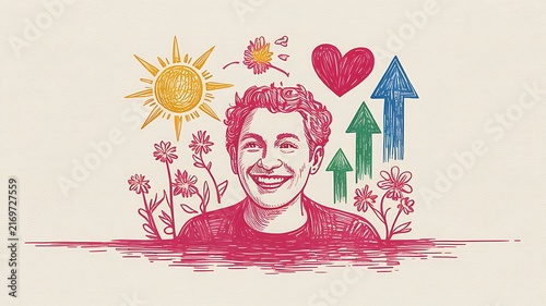 Conceptual illustration of joy and personal growth featuring a smiling person surrounded by sun, flowers, heart, and upward arrows