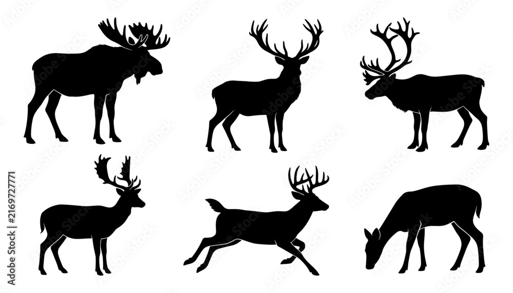 Obraz premium Wild deer silhouette icon set featuring horned stag moose reindeer and elk vectors standing and running in forest nature wildlife themes