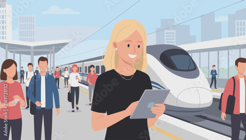 Blonde woman looks at a tablet while waiting on a train station platform surrounded by commuters and a large parked passenger train.