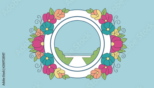 Decorative floral wreath featuring colorful pink and teal blossoms surrounds an empty circular center against a soft blue background.