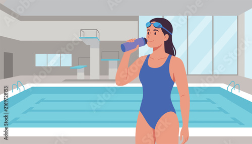 Female swimmer in a blue swimsuit wears goggles around her neck and drinks from a water bottle while standing by an indoor pool.