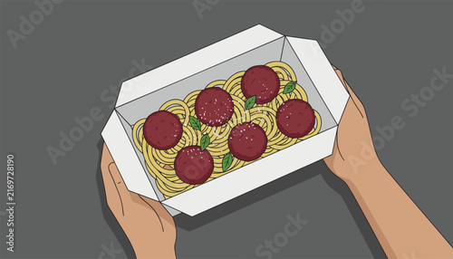 Person holding an open white takeout box filled with spaghetti and meatballs topped with basil leaves against a dark gray background.