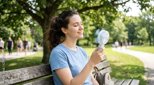 Young woman cooling herself with a portable handheld fan on a park bench.