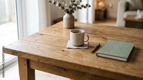 Cozy morning coffee, book, and plant on rustic wooden table in natural light