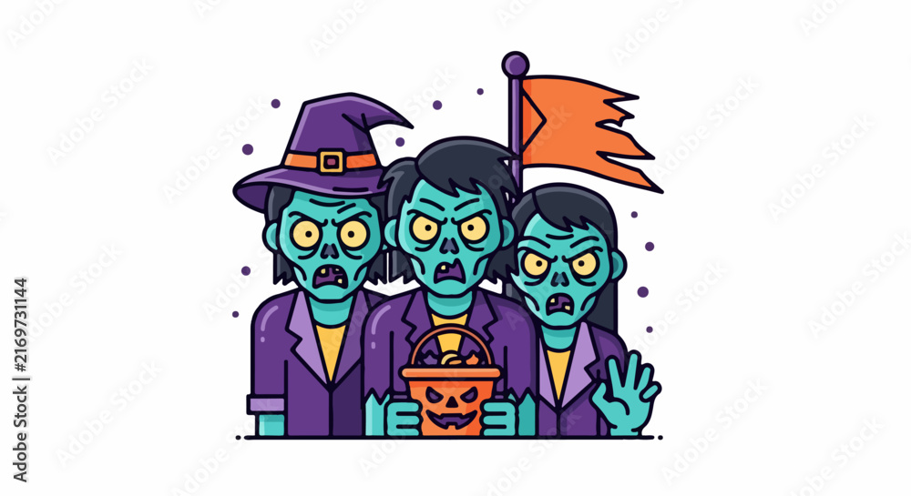 Fototapeta premium Halloween zombies holding pumpkin bucket and flag