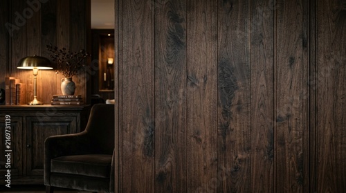 Dark Wood Paneling, Cozy Armchair, Vintage Lamp and Books